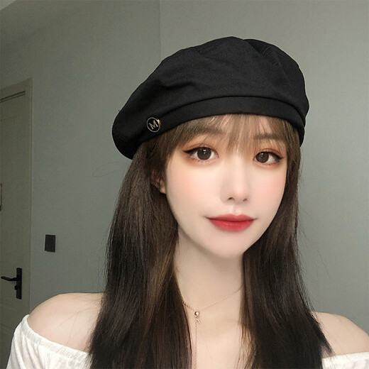 Hetong beret women's thin summer octagonal hat Korean style Japanese style British retro painter hat trend QT-221 black M (56-58cm)