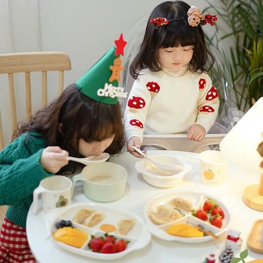 United Berui Children's Tableware Set New Year Metamine Children's Eating Supplementary Food Bowl Anti-fall Imitation Porcelain Partition Plate Fork Spoon Cute Card [Wanshi Da Orange 4-piece Set + Gift Box] / Supermarket Edition The same model online and offline/