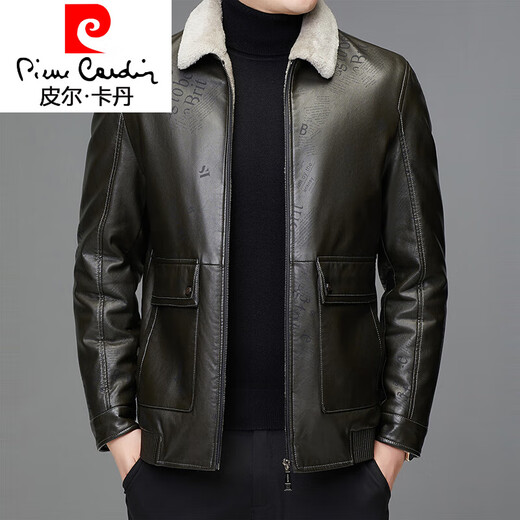 
Pierre cardin 2023 new leather down jacket men's short autumn and winter thickened imitation leather plus velvet stand collar leather jacket fur collar jacket 15827 black M 170