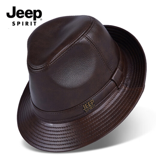 JEEP SPIRIT Genuine Leather Hat Men's Autumn and Winter Jazz Hat for Middle-aged and Elderly Cowhide Gentleman Hat Shanghai Beach Hat Outdoor Dad Hat Cowhide Brown Medium Size XL (57-58cm)
