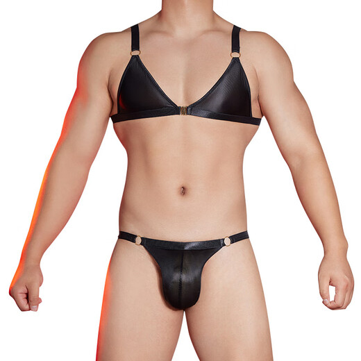 The Temptation of Desire Gay Sexy Underwear Men's Metal Ring Suspension Three-Point Japanese-Korean Style Male Passion Temptation Set Sexy T-string Transvestite Briefs Gay Adult Products Red Top + Red Underwear One Size