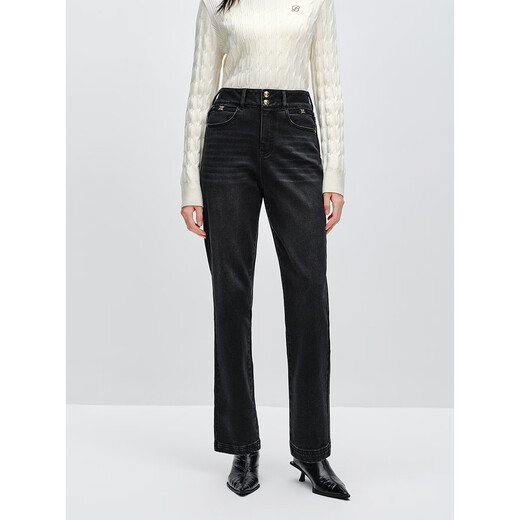 Peacebird Women's Jeans High Waist Harem Autumn and Winter Warm Denim Two Buttons Tapered Women's Denim Medium Black M