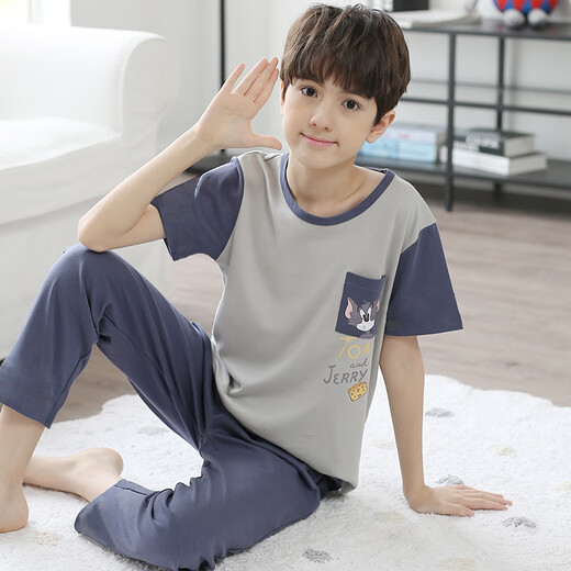 曼妮朵儿童睡衣男童短袖长裤秋装男孩全棉空调套装大童青少年纯棉家居服 N9926【短长】 140 16码建议135-145cm