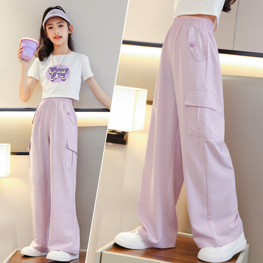 Nickybaby Summer Girls Wide Legs Kinderhose Eisseide Arbeitshose 2025 Neue Mückenschutzhose Mädchen Sommerhosen 9889 Weiß + 15009 Lila [Set] 130