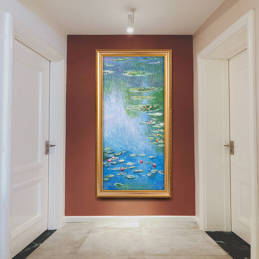 帝旗 世界名画莫奈 睡莲 纯手绘油画入户玄关装饰画走廊过道挂画竖版 692金实木框 100X200