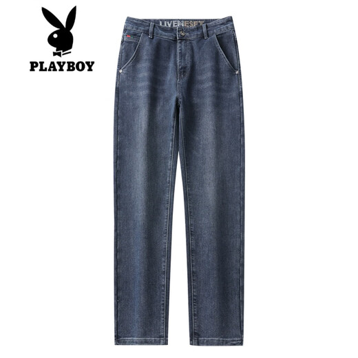 Playboy (PLAYBOY) men's jeans autumn and winter velvet thickened slim straight 2024 new winter stretch casual long pants for men 7620-1 black gray velvet 33 waist circumference 2 feet 6