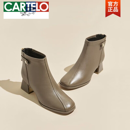 CARTELO genuine leather short boots for women in autumn and winter high-heeled leather shoes square toe mid-heeled cotton shoes 2025 new plus velvet thick heel Martin boots 36 black (plus velvet)