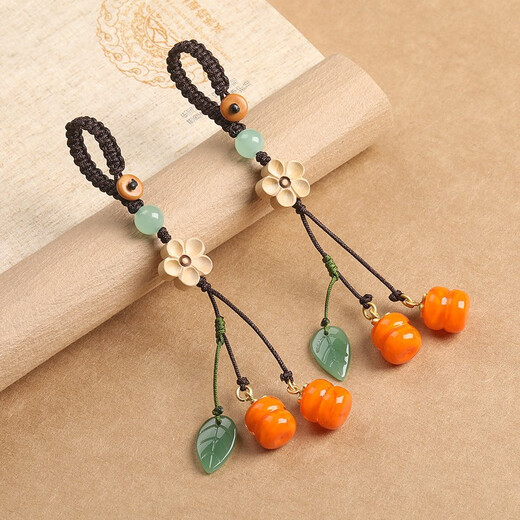 Jingyuange Retro-Kaki im chinesischen Stil Ruyi glasierte Kaki-Handy-Auto-Schlüsselanhänger-Anhänger U-Disk-Tasche Handy-Lanyard Gute Kaki im Paar + Pflaumenblüte-Gelbe Kaki (Schlüsselanhänger-Typ)