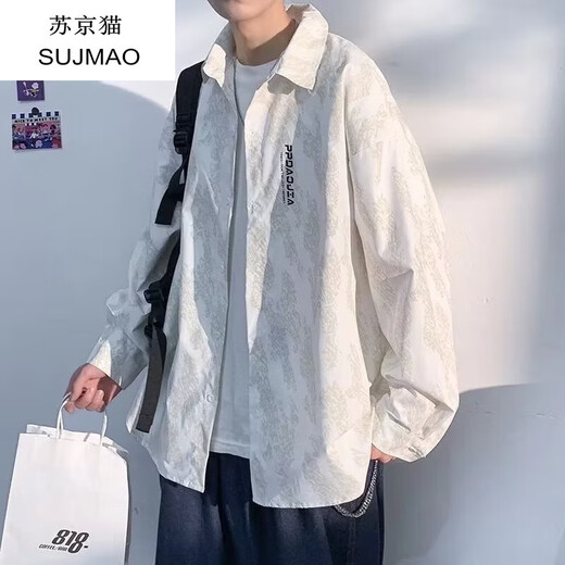 苏京猫日系短袖衬衫男士夏季高级感痞帅大码男装宽松上衣服潮牌休闲衬衣  838-白色 XL