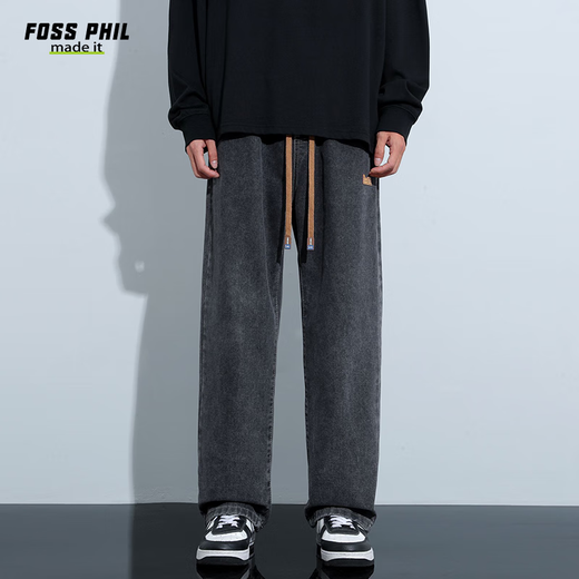 Foss Phil牛仔裤子男士春夏季宽松阔腿直筒裤子休闲裤838黑灰XL