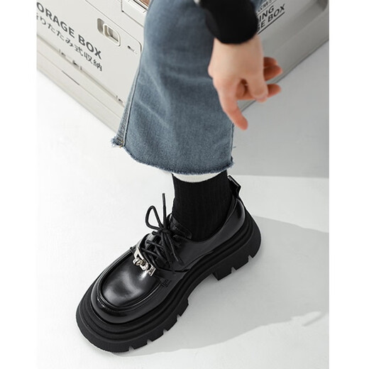 Fan Xiaoru black leather shoes for women's thick sole British style versatile retro college style single shoes autumn new Mary Zhen loafers size 38