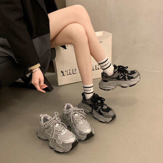 巴黎欧货复古老爹鞋女新款ins厚底增高小个子运动女鞋网面鞋子女 银色 36