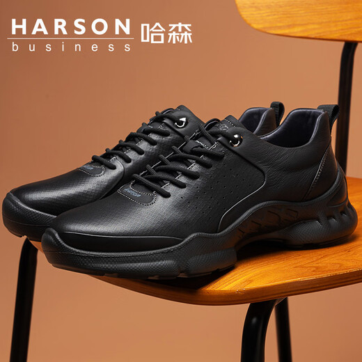Harson first-layer calfskin men's shoes autumn and winter sports leather shoes thick-soled business casual shoes genuine leather commuter high-end walking shoes black four seasons 41 (255mm)