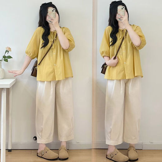Sangji (Sangji) Sommer-Outfit schwangerer Frauen süßes und süßes altersreduziertes loses Puffarmhemd für kleine Menschen, die einen großartigen zweiteiligen Anzug für schwangere Frauen tragen.