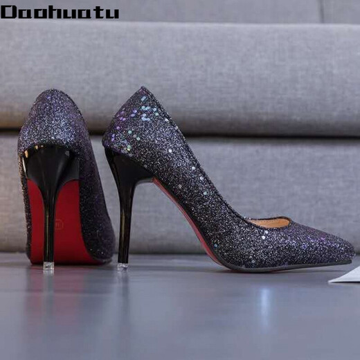 Daohuatu size 35-45 large size high-heeled shoes 44 sequin single shoes reverse channeling men's transvestite shoes 43 stiletto heel big-foot women's shoes 42 105 suede black 10 cm 45