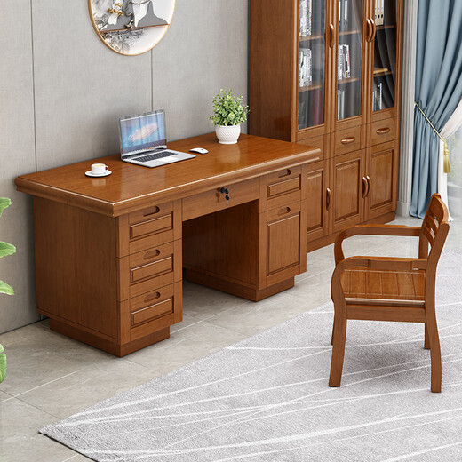 Rulan solid wood desk boss desk and chair combination new Chinese style executive desk home computer desk writing desk 1.4 meters desk walnut color