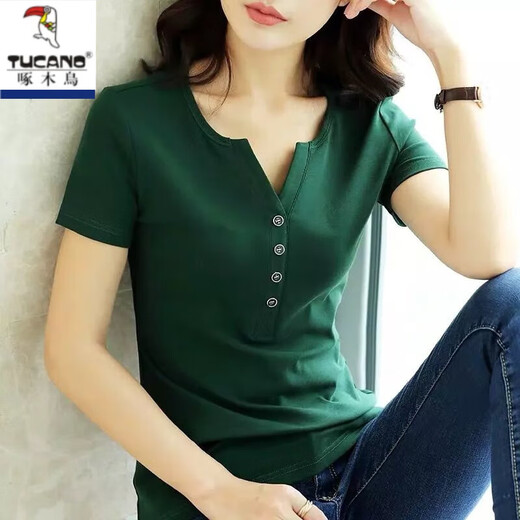 啄木鸟95%棉夏半袖体恤大号女装胖m上衣服纯棉V领短袖女T恤修身打底衫 藏青色898 L 100-110