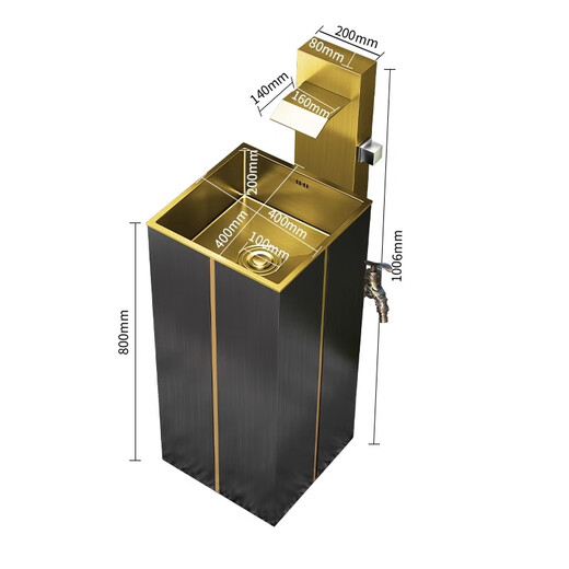 Stainless steel pedestal washbasin outdoor washbasin courtyard floor-standing pedestal basin home balcony outdoor pool Golden waterfall faucet pedestal basin (black gold)