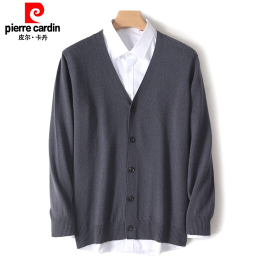 
Pierre cardin new cashmere knitted cardigan men's V-neck solid color youth sweater loose large size cardigan jacket dark gray S