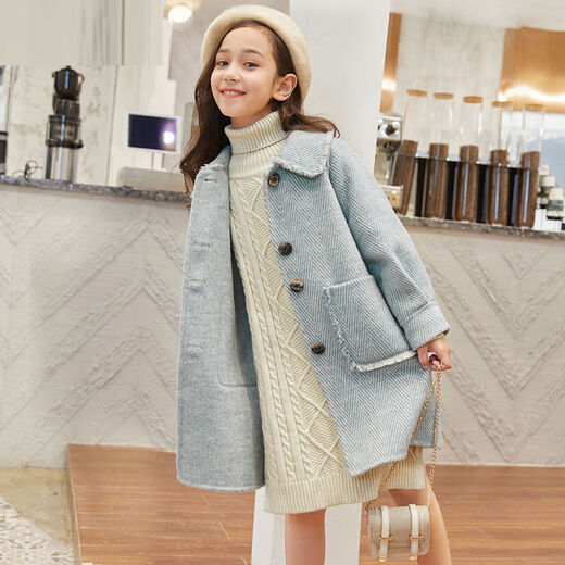Disney Girls Wolljacke Herbst und Winter neuer koreanischer Stil verdickter Baumwollwölfungsmantel mit mittlerer Länge modischer Frühling und Herbst hellblau [Baumwollfutter] 160