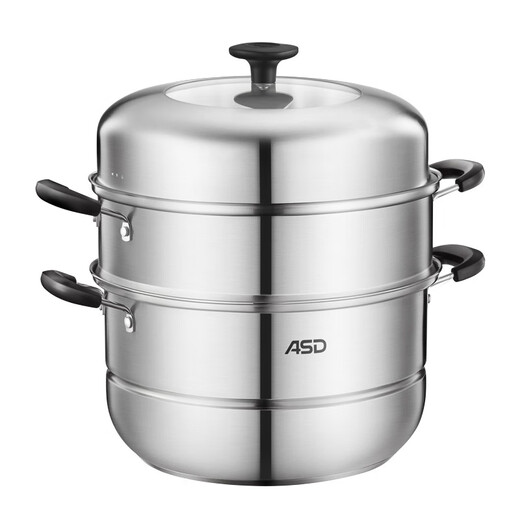 ASD stainless steel steamer, thickened bottom, steamer, grate, large soup pot for steaming steamed buns, universal for gas open flame induction cooker, three-layer steamer (half glass cover) 30cm