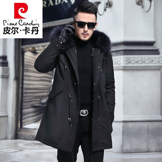 Pierre Cardin parka men's mid-length removable mink lining mink fur coat rabbit fur winter coat black (rabbit fur lining version/sleeves with cotton) L 170/ standard size
