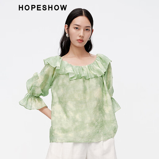 Das gleiche Verschüttungs-gedruckte Design-Chiffon-Shirt in Hongshe Einkaufszentrum 2024 New Damen Ruffle One-Shoulder Top Jiangnan Yanyu 687 m