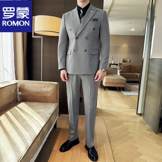 ROMON diagonal striped suit suit men's British business formal double-breasted groom's wedding thickened dress suit three-piece black (suit + pants + vest) XL 52 Reference 125-135Jin Jin is equal to about 0.5 kg