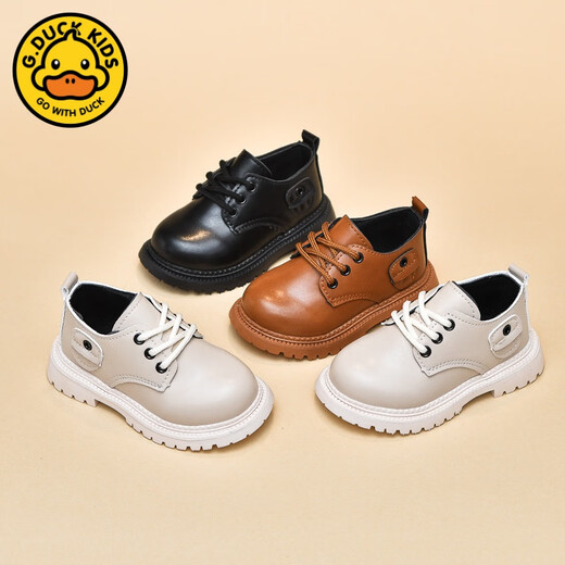 G.duck Little Yellow Duck Boys' Leather Shoes British Style 2024 Spring Soft Sole Children's Baby Shoes Korean Style Lace-Up Little Girls Leather Shoes Black 23
