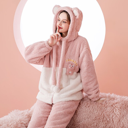 Fenten couple's pajamas autumn and winter thickened hooded coral velvet warm drawstring cartoon fashion home wear pajamas set cherry blossom pink (women's style) XL