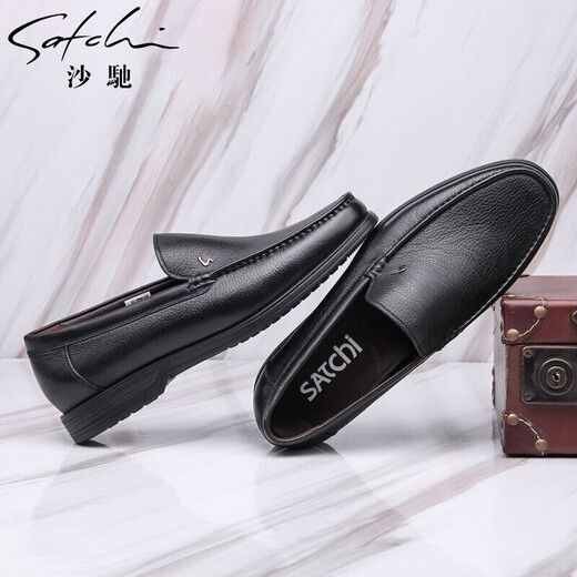 SATCHI men's shoes new high-end soft deerskin leather shoes comfortable slip-on business casual shoes dad shoes black 39 one size larger than the national size