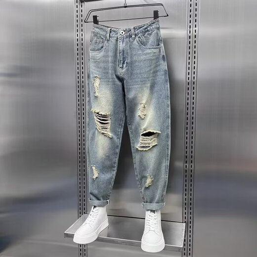 Trendy Männer zerrissene Jeans Herren Sommer dünner vielseitiger, schlanker gerade neun-Punkte-Casos-Hosen Trendige hübsche Marke Harem Pants Blue 36