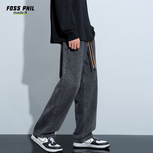 Foss Phil牛仔裤子男士春夏季宽松阔腿直筒裤子休闲裤838黑灰XL