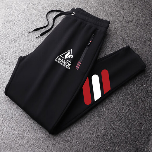 Le coq sportif French big cock casual sports pants for men in spring, autumn and winter new fashion versatile running leggings long pants black non-velvet flat-leg sweatpants red and white three stripes L size recommended 120-140Jin Jin equals 0.5 kg