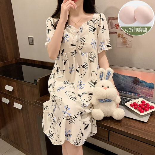 梦动韩版甜美可爱小熊棉纱麻睡裙女款2024新款夏季天短袖睡衣裙家居服 QS裙#9871（带胸垫） L 推荐100-115斤穿