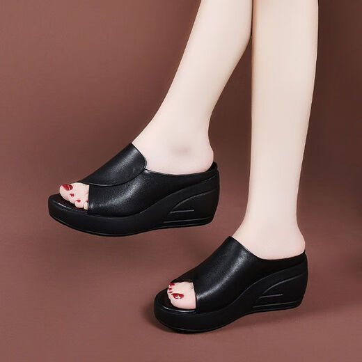 Spechtleder-Fersenruhrschuhe für Frauen 2025 Neue Dick-Soled-High-Flip-Flops für Sommerkleidung Leichte Mutter Sandalen schwarz 35