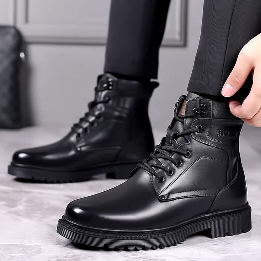 
Saimandie winter wool military hook cold-proof boots men's warm wool boots tactical combat boots high top pure wool hook cotton leather shoes 3519 black height-enhancing model 38