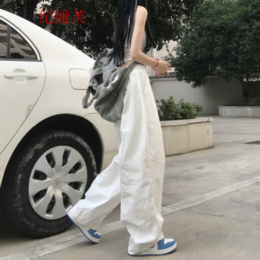她风采 日系复古风直筒阔腿裤子女2022新款春秋季宽松个性工装裤休闲长 691#白色 L码【100-110斤】
