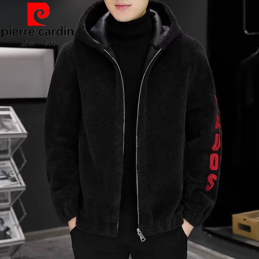 Pierre Cardin Men's Shearling Hooded Jacket Men's 2025 Winter New Polar Fleece Thickened Jacket Men's Jacket Gray 2XL 130-150Jin Jin equals 0.5 kg