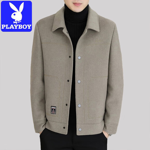 Playboy (PLAYBOY) Double-sided Woolen Coat Men's Autumn and Winter Short Lapel Top Casual Wool Woolen Jacket Coat Men 20936/ 2308 Khaki XL Recommended 126-140Jin Jin equals 0.5 kg