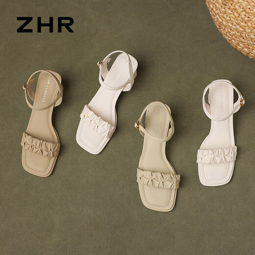 ZHR Sandals for women in summer thick high heels simple commuting square toe women's shoes one-lace shoes for women Y756 beige 37