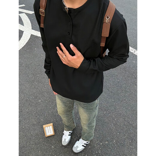 Katuchi American Henry collar long-sleeved T-shirt for men in spring and autumn waffle handsome sweatshirt loose casual inner bottoming shirt for men black regular style L