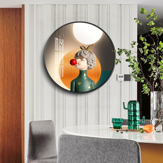 Villa round crystal porcelain painting bedroom decoration painting modern simple abstract cartoon characters children's room hanging painting room bedside painting 13886 Young girl [default black frame] High-transparent crystal porcelain surface diameter 50