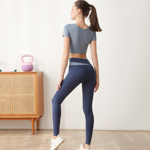 Hui'ang Sports Suit Women's Yoga Wear Women's Running Fitness Wear Quick-Drying T-shirt with Breast Pad Color-blocking Short Sleeve Pants Blue M