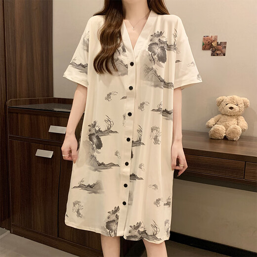 Talihong Nachthemd mit Brustpolster für Frauen für Sommer kurzärmelige dünne Frauen-Pyjamas Feel Tinte Malmalerei große Heimkleidung für Außenkleidung 5155 grüne Blumen mit Brustpolster m