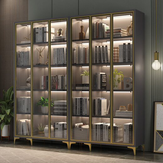 Puerta de vidrio de estantería de Zaitang Luz moderna Gabinete de exhibición de gabinete a prueba de polvo de lujo con puertas y almacenamiento de gabinete de soporte Combinación de gabinete estrecho Gabinete 120*30*15844 Vidrículas grises de marco negro