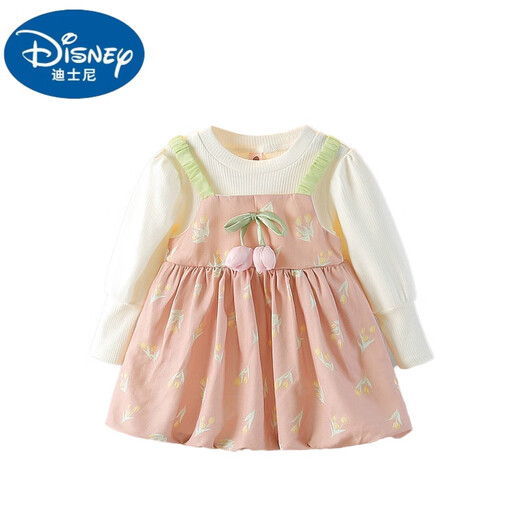 
Disney girls' dress long-sleeved autumn fake strap skirt 2025 autumn new children's clothing baby girl floral princess dress pink 80cm