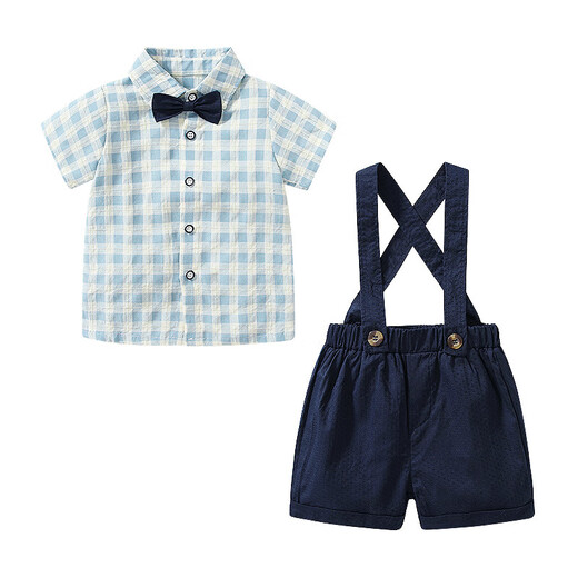
Danbiwang little boy suit summer baby 1 year old banquet dress grab week clothes baby suit 2 children's birthday gentleman set blue plaid short-sleeved suit 90 size