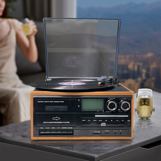 Heritage family tape player, vinyl CD all-in-one multi-functional antique tape player, vinyl record player, retro gramophone, Bluetooth audio, home living room ornaments, vinyl tape all-in-one player, oak color (black panel)