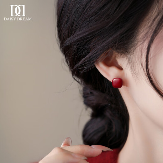 DAISY DREAMS 925 Silver Needle Ancora Red Sugar Cube Stud Earrings for Women 2025 New Year Hot Style Retro Earrings Red Ear Jewelry Retro Square Earrings 925 Silver Needles Pair